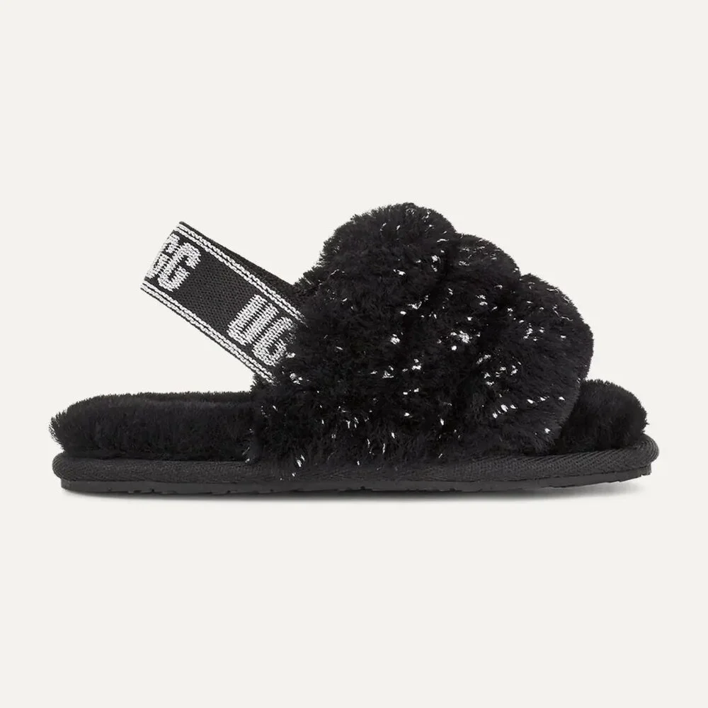 NEW UGG Kid Toddler Fluff Yeah Metallic Sparkle Black Slingback Slide Slipper